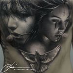 Stunning tattoo by Raimo Marti #RaimoMarti #realistic #hyperrealistic #blackandgrey #3D #portrait #photorealistic #dove