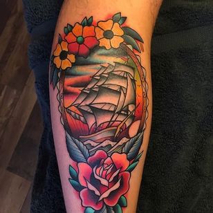Ship Tattoo by Rich Warburton #ship #shiptattoo #traditional #traditionaltattoo #oldschool #oldschooltattoo #boldtraditional #brighttattoos #RichWarburton