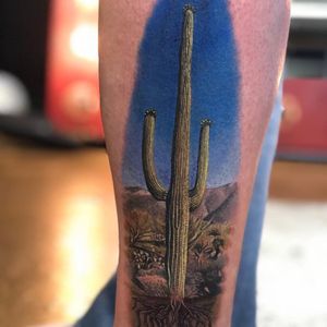 Desert tattoo by Megan Massacre #MeganMassacre #besttattoos #color #realism #realistic #landscape #desert #cactus #plants #nature #roots #desertlife #wild #mountains #sky #tattoooftheday