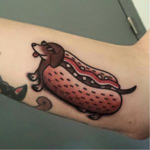 Hot dog tattoo by Rion #Rion #traditional #dog #hotdog