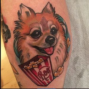 Chihuahua and popcorn tattoo by Abbie Williams. #chihuahua #dog #popcorn #neotraditional #AbbieWilliams
