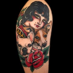 Babe and pups by Becca Genne-Bacon #beccagennebacon #color #traditional #ladyhead #lady #face #portrait #petportrait #dogs #puppy #pug #rose #leaves #nature #rosebud #tattoooftheday