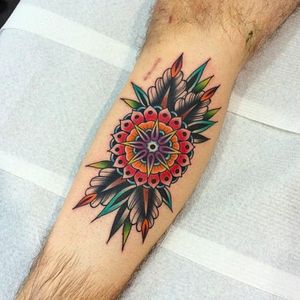 Flower mandala tattoo by Kirk Jones, photo from Good Luck Tattoo Facebook page. #flower #mandala #KirkJones #mandalatattoo #traditional