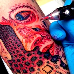 Beautiful tattoo influenced by the artwork from Alex Grey on the Tool Album 10,000 Days. Tattoo by James Kern #Tool #AlexGrey #progressivemetal #albumcover #10000days #JamesKern #bandtattoo