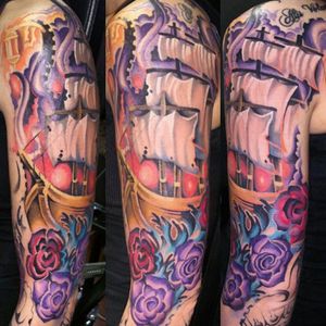 An incredible take on the classic pirate ship being attacked by a kraken by Paes 164. #colorful #kraken #neotraditional #Paes164 #pirateship #roses