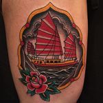 Junk Ship Tattoo by Becca Genne-Bacon #junkship #junkboat #junk #asianboat #chineseboat #chineseboats #chinesetattoo #traditional #BeccaGenneBaccon
