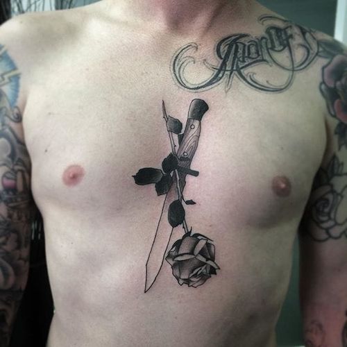 Dagger Rose Tattoo by Joel Spiteri #dagger #rose #neotraditional #blackwork #blackneotraditional #blackink #blackworkartist #JoelSpiteri