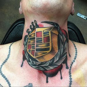 A neck tattoo of the Caddy logo by Julian Maceac (IG—julian_maceac). #Caddy #Cadillac #JulianMaceac