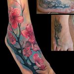 Solid looking cover up tattoo, sakura on the foot. Tattoo by Tatyana Kashtan. #TatyanaKashtan#sakura #foottattoo