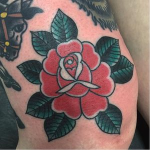 Traditional red rose tattoo by Richie Clarke #RichieClarke #ForeverTrue #trad #traditional #rose #redrose #traditionalrose