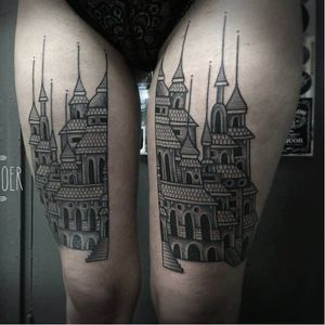 Split castle tattoo by Bastartz #Bastartz #blackwork #geometric #split #castle