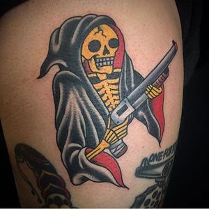 Shotgun Reaper tattoo by Ross K Jones #reaper #shotgun #weapon #gun #grimreaper #traditional #RossKJones
