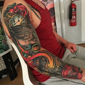 Lamp, flower, bird, watch, all flowing together so smoothly, by Joe Frost. (via IG—hellomynamesjoe) #neotraditional #sleeve #joefrost #colorbomb