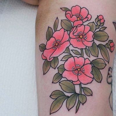 Blossoms by Sasha Mezoghlian, owner and artist at Darling Parlour #SashaMezoghlian #DarlingParlour #newtraditional #newschool #traditional #Japanese #mashup #color #flowers #cherryblossom #leaves #nature #tattoooftheday