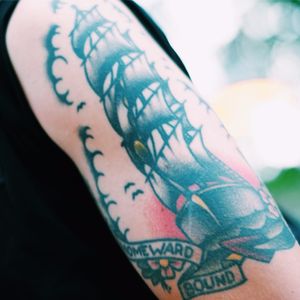 Traditional ship tattoo by Karl Blom #traditional #traditionalship #ship #nautical #StreetStyle #TattooStreetStyle #trailerparkfestival #karlblom