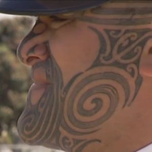 A profile shot of Rawiri Barriball and his new Māori facial tattoo. #facialtattoos #Māori #RawiriBarriball #RoyalNewZealandNavy #tāmoko