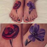 Bold geometric poppy and violet foot tattoos by Sasha Unisex. #violet #flower #poppy #geometric #SashaUnisex