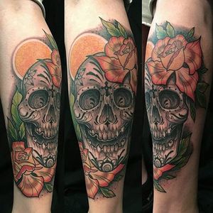 Dia de los Muertos tattoo by Kristen Fancher. #sugarskull #dayofthedead #skull #neotraditional