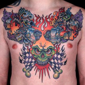 Ryan Ashley Malarkey's prize-winning tattoo (IG—spikeinkmaster). #InkMaster #RyanAshleyMalarkey #hotrod #skull #traditional