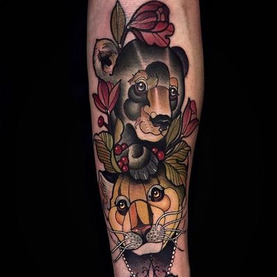 A bear cub and panther being fancy as fuck, by Chris Green (via IG—imchrisgreen) #neotraditional #animal #creature #ornate #chrisgreen