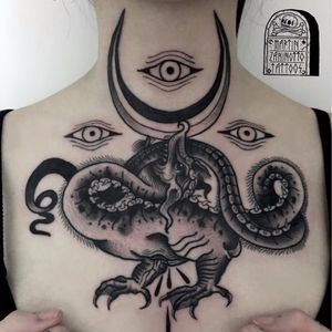 Esoteric design by Martin Zaninotto #MartinZaninotto #dragon #thirdeye #eyes #moon #blackwork #blackandgrey #linework #esoteric #tattoooftheday