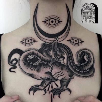 Esoteric design by Martin Zaninotto #MartinZaninotto #dragon #thirdeye #eyes #moon #blackwork #blackandgrey #linework #esoteric #tattoooftheday