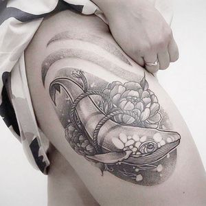 Beautiful whale tattoo by Taras Shtanko @tarasshtankotattoo #blackwork #blckwrk #btattooing #dotwork #linework #TarasShtanko #whale #flower #sealife