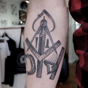 A Masonic inspired tattoo? Or a fan of old school DIY? photo from portfolio on iamvagabond.co.uk #PaulHill #VagabondStudio #traditional #blackworkers #tools #masonry