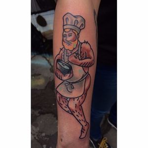 Big boy pin up tattoo by Jamie August. #JamieAugust #pinup #bigboypinup #man #pinupman #chef #trad #traditional #traditionalamerican