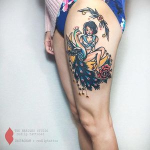 Showgirl tattoo by Redlip Tattooer. #RedlipTattooer #Redlip #traditional #bold #showgirl #marine #sailor #peacock