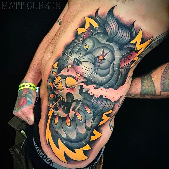 Tattoo uploaded by rcallejatattoo  Huge lion tattoo chewing on a smoking  skull mattcurzon lion skull neotraditional  Tattoodo
