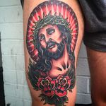 Classic and beautiful tattoo of Christ wearing a crown of thorns. Rad tattoo by Bradley Kinney. #bradleykinney #DanaPointTattoo #traditional #bold #boldwillhold #Jesus #Christ #roses