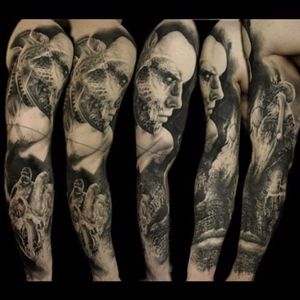 Insane detail in this creatively original sleeve. Tattoo by Florian Karg #blackandgrey #realism #hyperrealism #FlorianKarg #darkart #skulls #visciouscircletattoo #germantattooers