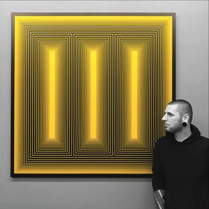 Ben Volt standing in from of some modern art that reminiscent of his own (IG—benvolt). #abstract #avantgarde #BenVolt #bold #blackwork #experimental #geometric #minimalist #ornamental