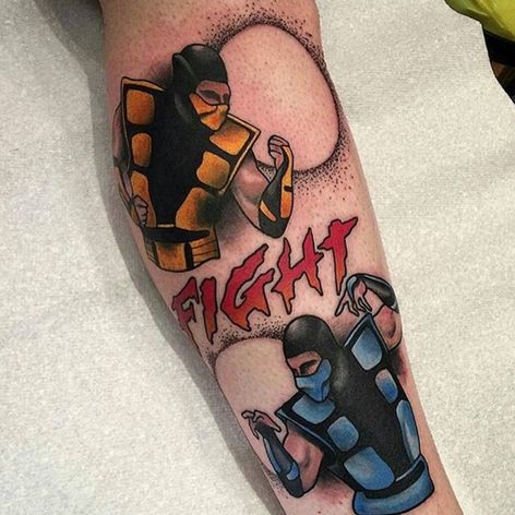Scorpion and Sub-Zero a la the first Mortal Kombat by Will Thomson (IG—thomsontattoos). #MortalKombat #Scorpion #SubZero #WillThomson