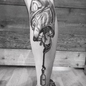 Odd tattoo by Marie-Christine Gauthier #MarieChristineGauthier #monochrome #monochromatic #blackwork #dotwork #wolf #hand