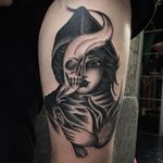 Rad reaper girl black tattoo done by Dennis Gutierrez. #DennisGutierrez #LTW #barcelona #girl #girlhead #traditional #reaper #candle #blackwork