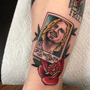 Nickelback tattoo by Matt Aldridge #MattAldridge #portraittattoos #color #traditional #rose #polaroid #photograph #nickelback #musictattoos #ChadKroeger #Famouspeople #tattoooftheday