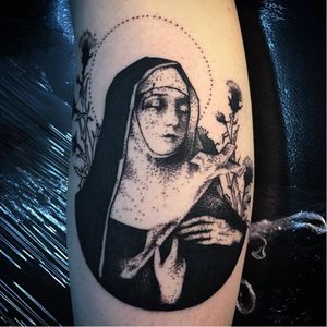 Saint tattoo by SM Bousille #SMBousille #graphic #blackwork #crying #nun #saint