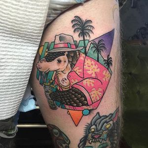 80s party pangolin enjoying a mojito on fellow tattooer, Matt Curzon. Tattoo by The Leisure Bandit. #MattCurzon #neotrad #neotraditional #pangolin #mojito #80s #TheLeisureBandit #BrodiePedersen