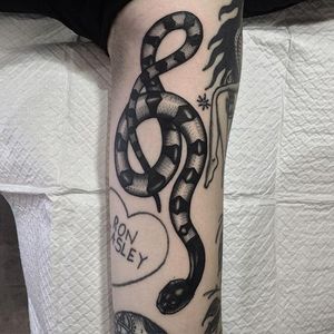 Snake Tattoo by Mike Shaw #Blackwork #BlackworkTattoos #TraditionalBlackwork #BlackworkArtists #BlackInk #OldSchoolTattoos #TraditionalTattoos #MikeShaw