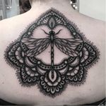 Lacy dragonfly tattoo by Clarisse Amour #ClarisseAmour #blackwork #lace #dragonfly #btattooing #blckwrk