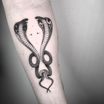 Snakes tattoo by Nathan Kostechko #NathanKostechko #blackandgrey #linework #dotwork #tribal #snakes #reptile #desertlife #minimal #ornamental #small #details #tattoooftheday