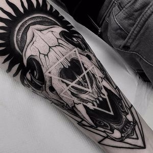 Dog skull by Otheser #Otheser #blackwork #linework #dotwork #skull #dog #dogskull #triangle #sun #death #fangs #shapes #geometric #tattoooftheday