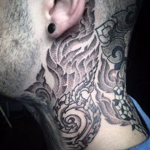 Awesome dotwork on this neck tattoo. Photo from Matina Marinou on Instagram #MatinaMarinou #blackworker #pointillism #dotwork #blackandgrey #woodcut #etching #engraving