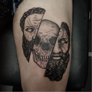 Funky skull tattoo by Oked #Oked #blackwork #surrealistic #portrait #skull #beard