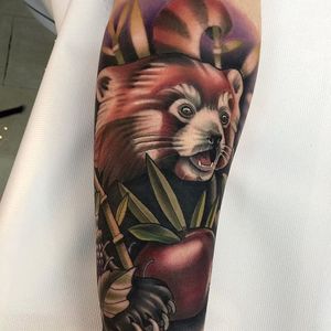 Red Panda who appears to be yodeling, by Roger Mares. (via IG—mares_tattooist) #neotraditional #animals #creatures #quirky #rogermares
