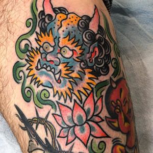 Oni and lotus by Greg Christian #GregChristian #color #Japanese #traditional #lotus #oni #yokai #demon #ogre #flower #tattoooftheday