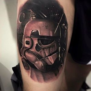 Super Rad Stormtrooper black and gray tattoo by Jake Ross!! Check out the awesome Deathstar at the background! #jakeross #stormtrooper #starwars #tattoo #blackandgray