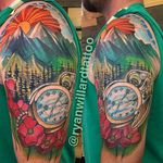 Neo traditional mountain landscape and pocket watch tattoo by Ryan Willard. #neotraditional #landscape #mountain #flowers #pocketwatch #RyanWillard